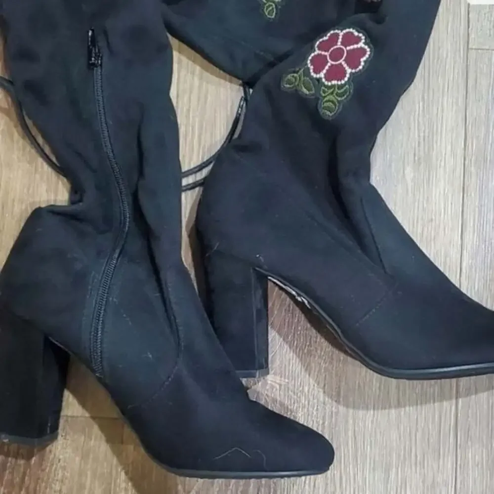 Black Floral Embroidered Over-the-Knee Boots By Chinese Laundry Boho